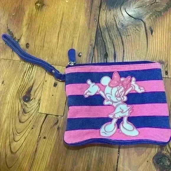 Disney Parks Minnie Mouse Wristlet Navy/Pink Stripe Pouch Purse - Picture 1 of 7